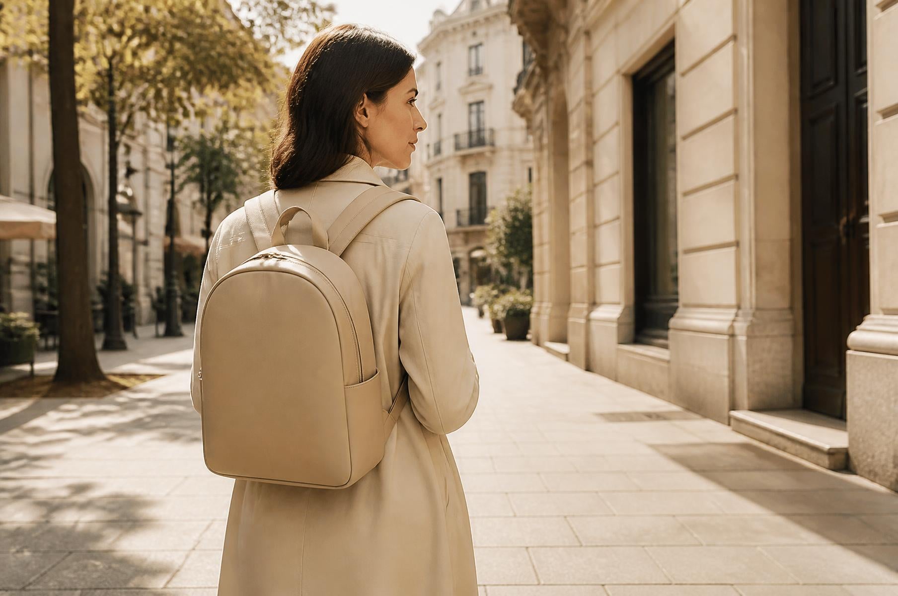 Person carrying the Vacora backpack on a city street