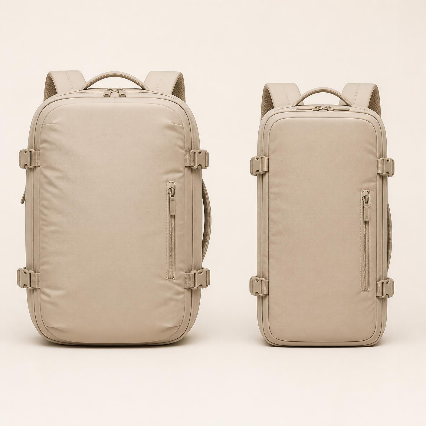 The same backpack before and after vacuum compression
